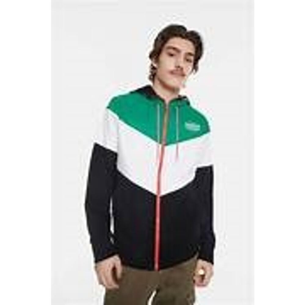 DESIGUAL NWT $195 Alfred Lined Windbreaker Hood Green White Navy Size L
